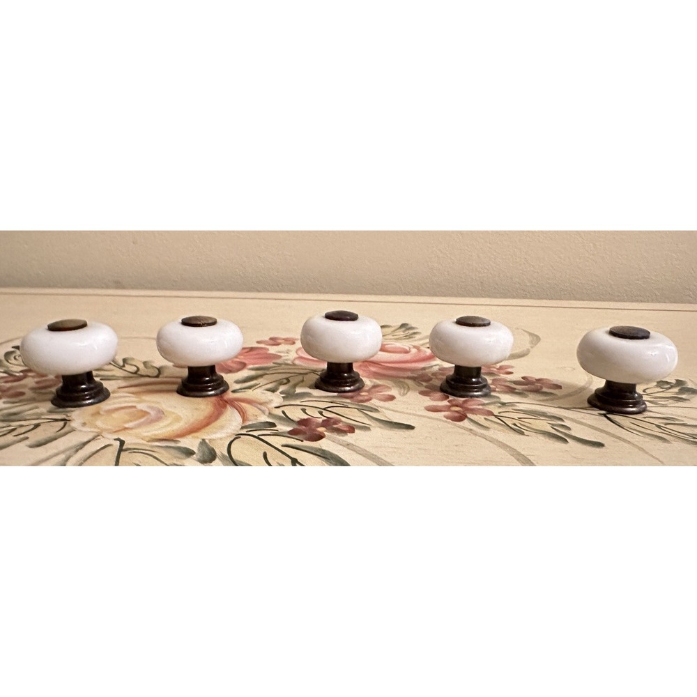 Set of 5 Vintage White Porcelain & Brass Knobs/Pulls~Attic Find~Mushroom Shaped